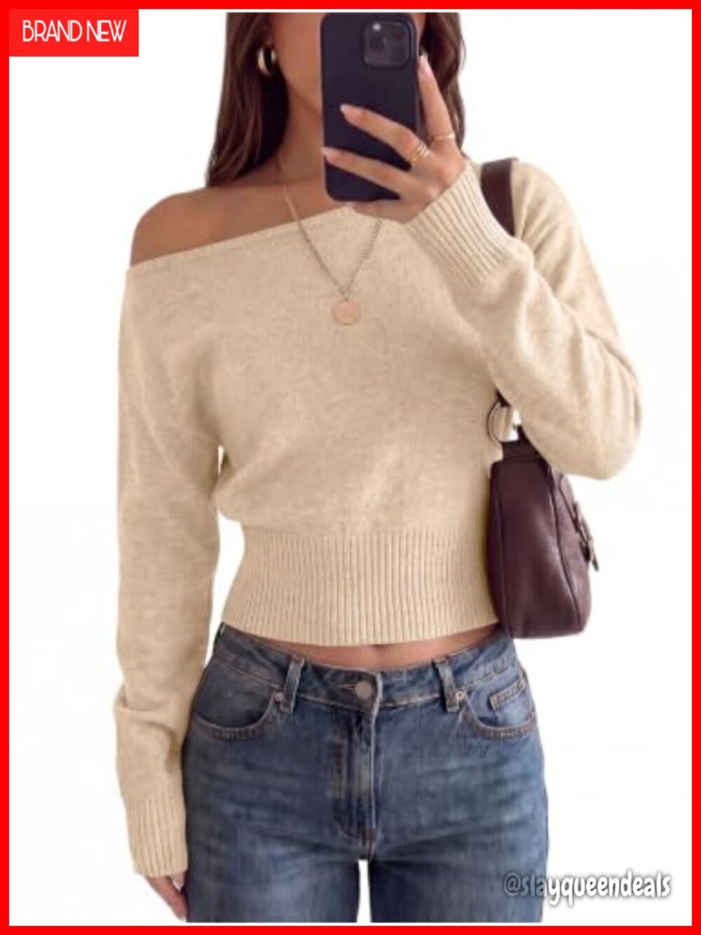 Womens Off The Shoulder Cropped Sweater Ribbed Knit Pullover Long Sleeve Top